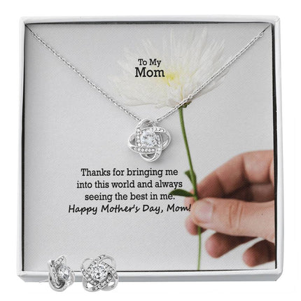 Christian love knot necklace with "Thanks for Always Seeing the Best in Me" message — modern Mother's Day gift for mom, in luxury gift box