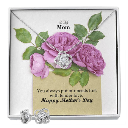 Christian love knot necklace with "You Always Put Our Needs First with Tender Love" message — modern Mother's Day gift for mom, in luxury gift box