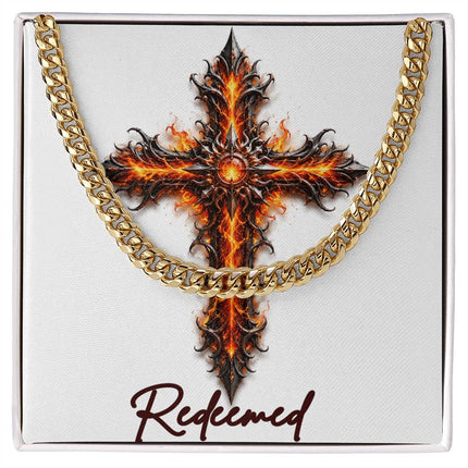 Redeemed Cross Internal Flames | Christian Cuban Link Chain Necklace | His Word