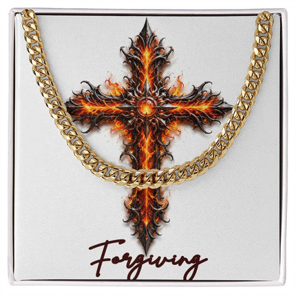 Forgiving Cross Internal Flames | Christian Cuban Link Chain Necklace | His Word