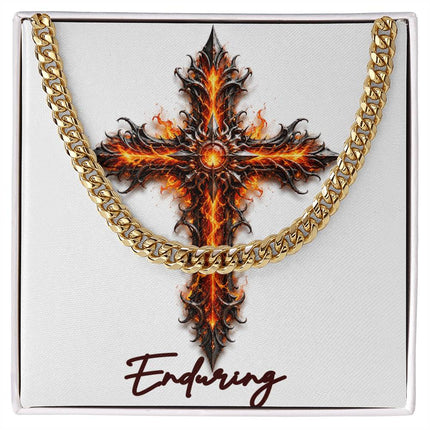 Enduring Cross Internal Flames | Christian Cuban Link Chain Necklace | His Word