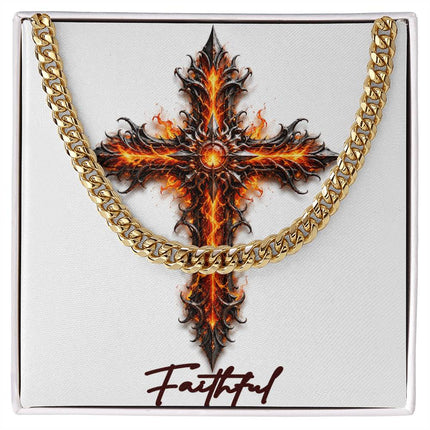 Faithful Cross Internal Flames | Christian Cuban Link Chain Necklace | His Word