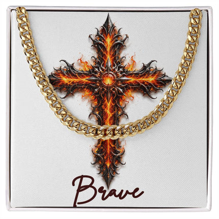 Brave Cross Internal Flames | Christian Cuban Link Chain Necklace | His Word