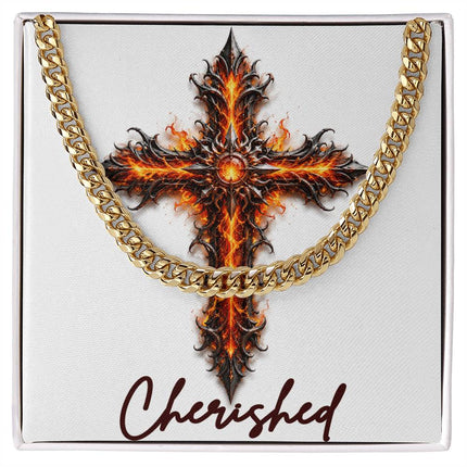 Cherished Cross Internal Flames | Christian Cuban Link Chain Necklace | His Word