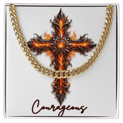 Courageous Cross Internal Flames | Christian Cuban Link Chain Necklace | His Word