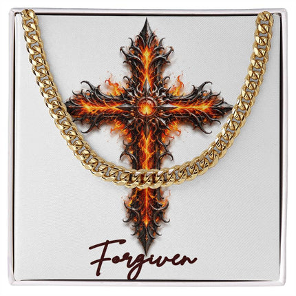 Forgiven Cross Internal Flames | Christian Cuban Link Chain Necklace | His Word