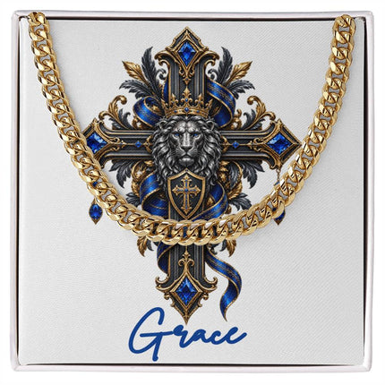 Grace Cross Lion | Christian Cuban Link Chain Necklace | His Word