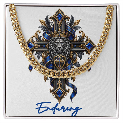 Enduring Cross Lion | Christian Cuban Link Chain Necklace | His Word