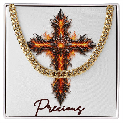 Precious Cross Internal Flames | Christian Cuban Link Chain Necklace | His Word