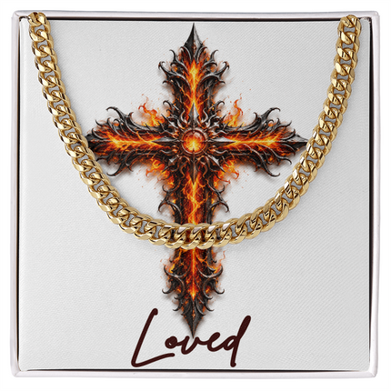 Loved Cross Internal Flames | Christian Cuban Link Chain Necklace | His Word