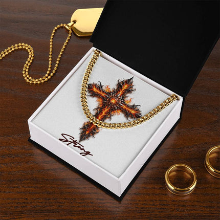 Strong Cross Internal Flames | Christian Cuban Link Chain Necklace | His Word