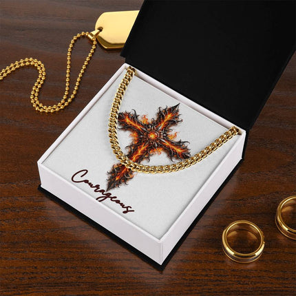 Courageous Cross Internal Flames | Christian Cuban Link Chain Necklace | His Word