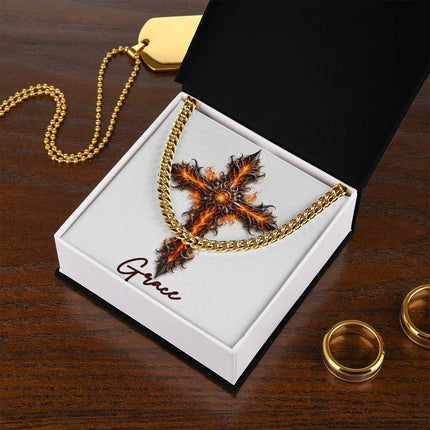 Grace Cross Internal Flames | Christian Cuban Link Chain Necklace | His Word