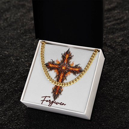 Forgiven Cross Internal Flames | Christian Cuban Link Chain Necklace | His Word