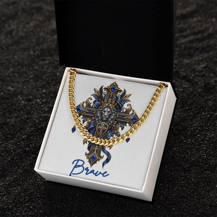 Brave Cross Lion | Christian Cuban Link Chain Necklace | His Word