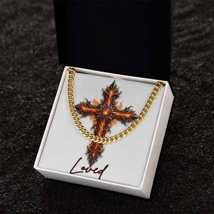 Loved Cross Internal Flames | Christian Cuban Link Chain Necklace | His Word