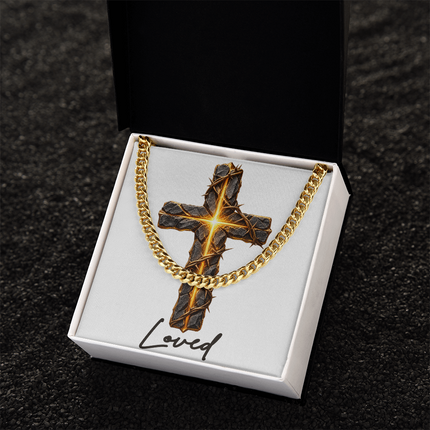 Loved Cross Glowing Radiant Center | Christian Cuban Link Chain Necklace | His Word