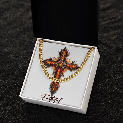 Faithful Cross Internal Flames | Christian Cuban Link Chain Necklace | His Word