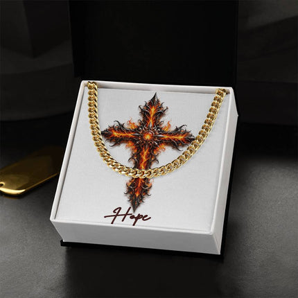 Hope Cross Internal Flames | Christian Cuban Link Chain Necklace | His Word