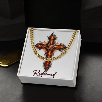 Redeemed Cross Internal Flames | Christian Cuban Link Chain Necklace | His Word