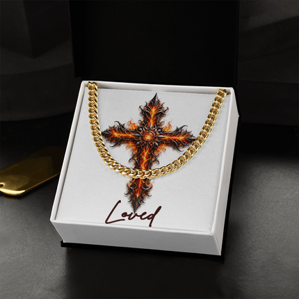 Loved Cross Internal Flames | Christian Cuban Link Chain Necklace | His Word