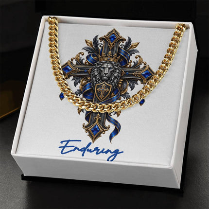 Enduring Cross Lion | Christian Cuban Link Chain Necklace | His Word