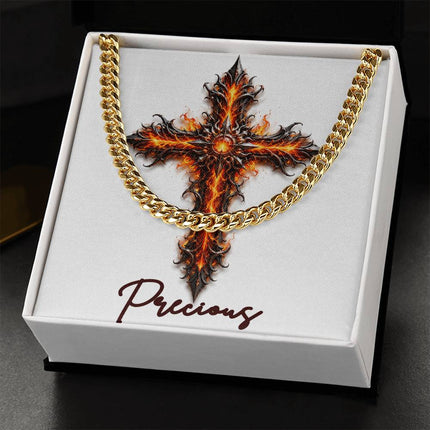 Precious Cross Internal Flames | Christian Cuban Link Chain Necklace | His Word