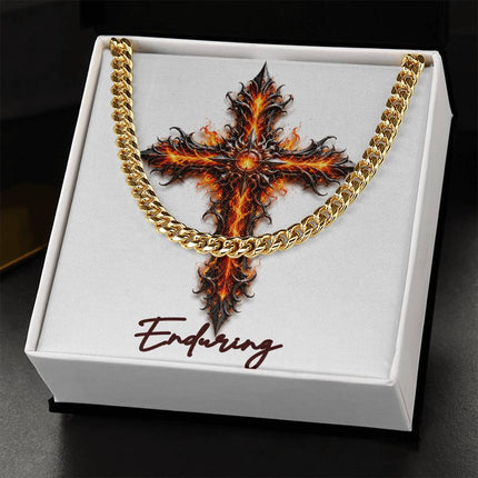 Enduring Cross Internal Flames | Christian Cuban Link Chain Necklace | His Word