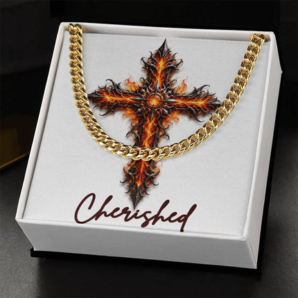 Cherished Cross Internal Flames | Christian Cuban Link Chain Necklace | His Word