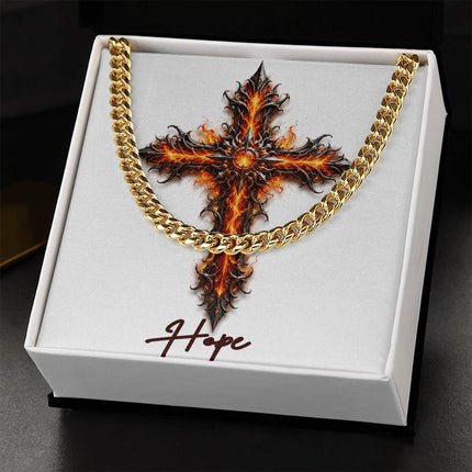 Hope Cross Internal Flames | Christian Cuban Link Chain Necklace | His Word