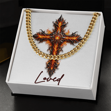 Loved Cross Internal Flames | Christian Cuban Link Chain Necklace | His Word