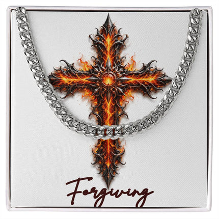 Forgiving Cross Internal Flames | Christian Cuban Link Chain Necklace | His Word