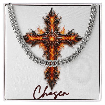 Chosen Cross Internal Flames | Christian Cuban Link Chain Necklace | His Word