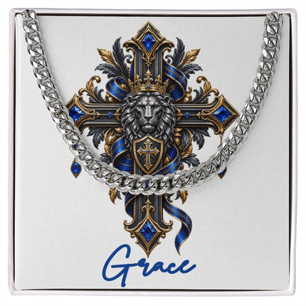 Grace Cross Lion | Christian Cuban Link Chain Necklace | His Word