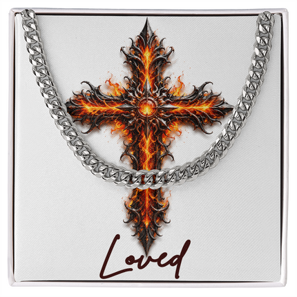 Loved Cross Internal Flames | Christian Cuban Link Chain Necklace | His Word