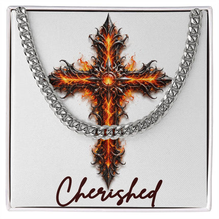 Cherished Cross Internal Flames | Christian Cuban Link Chain Necklace | His Word