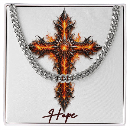Hope Cross Internal Flames | Christian Cuban Link Chain Necklace | His Word