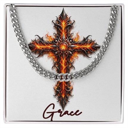 Grace Cross Internal Flames | Christian Cuban Link Chain Necklace | His Word