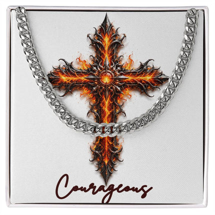 Courageous Cross Internal Flames | Christian Cuban Link Chain Necklace | His Word