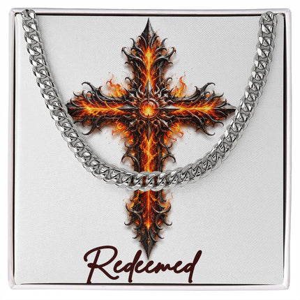 Redeemed Cross Internal Flames | Christian Cuban Link Chain Necklace | His Word