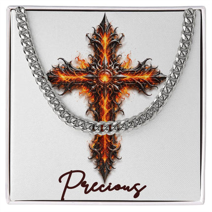 Precious Cross Internal Flames | Christian Cuban Link Chain Necklace | His Word