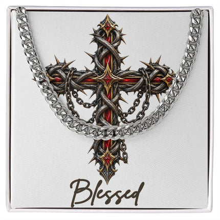 Blessed Cross Crown of Thorns | Christian Cuban Link Chain Necklace | His Word