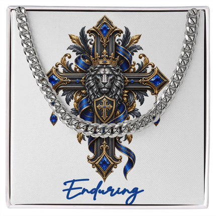 Enduring Cross Lion | Christian Cuban Link Chain Necklace | His Word