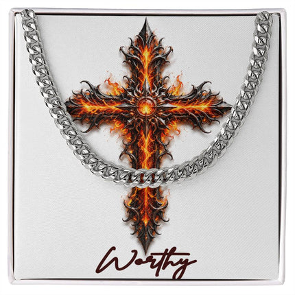 Worthy Cross Internal Flames | Christian Cuban Link Chain Necklace | His Word