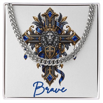 Brave Cross Lion | Christian Cuban Link Chain Necklace | His Word