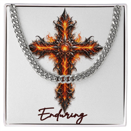 Enduring Cross Internal Flames | Christian Cuban Link Chain Necklace | His Word