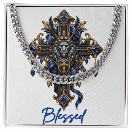 Blessed Cross Lion | Christian Cuban Link Chain Necklace | His Word