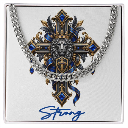 Strong Cross Lion | Christian Cuban Link Chain Necklace | His Word
