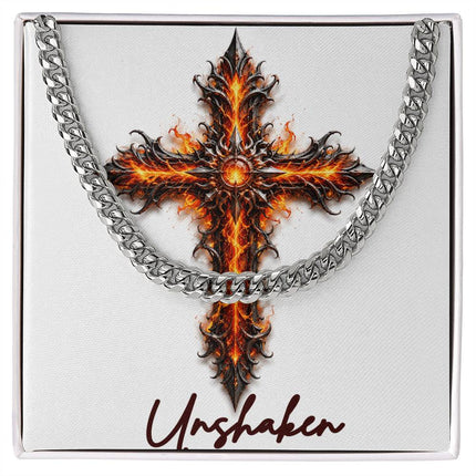 Unshaken Cross Internal Flames | Christian Cuban Link Chain Necklace | His Word