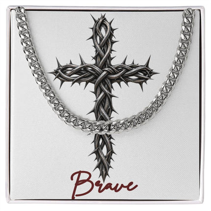 Brave Cross With Vine | Christian Cuban Link Chain Necklace | His Word